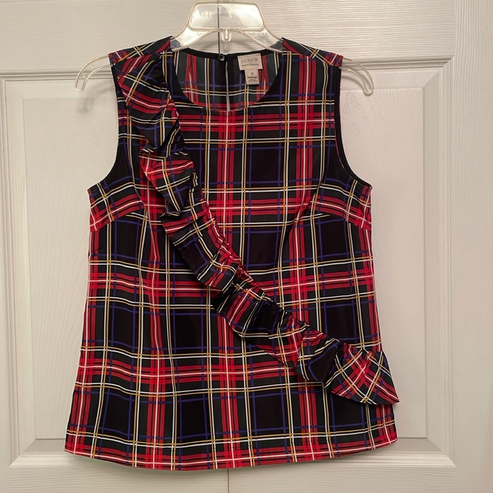 J. Crew Plaid Tartan Sleeveless Pullover with Ruffle Front Accents